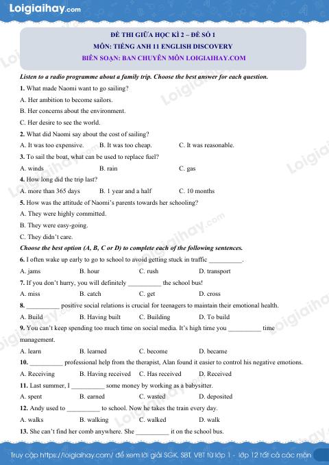 Đề thi giữa kì 2 Tiếng Anh 11 English Discovery - Đề số 1